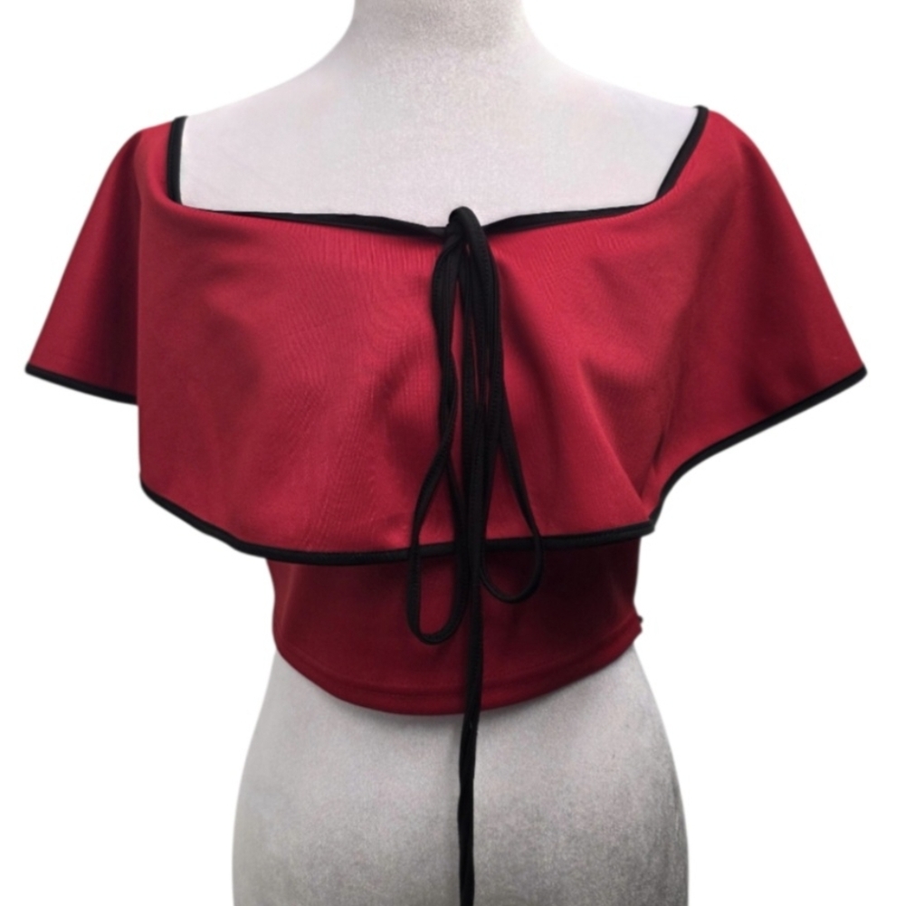 Banjul Pinup Cha Cha Red Off-Shoulder Tie-Front Crop Top with Black Trim